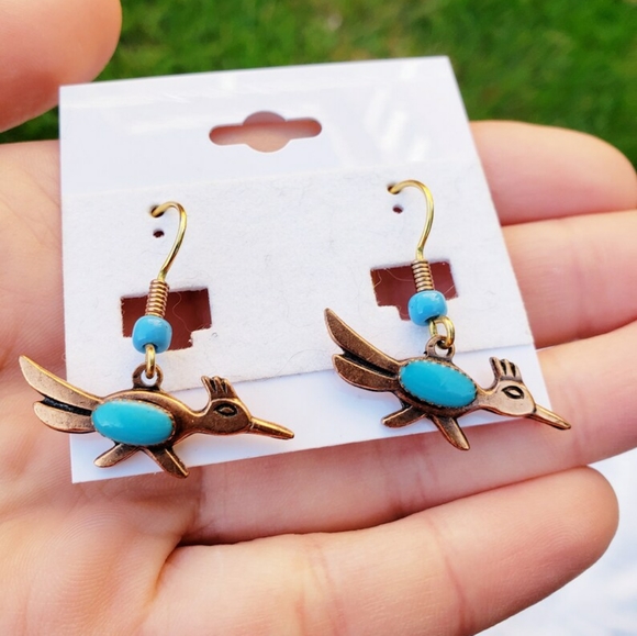 Handmade Navajo Roadrunner Copper Bell Trading Post Turquoise Old Pawn Earrings - Picture 2 of 6